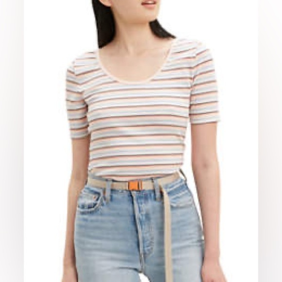 Levi’s Ariadne Stripe Peach Blush Venice T-Shirt Medium - Picture 2 of 7
